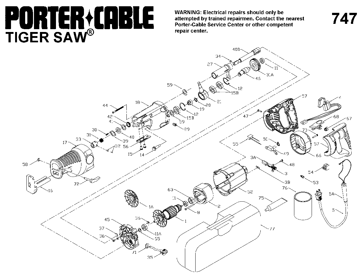 Default Diagram and Parts List for 9747 Type 1 Porter Cable Reciprocating Saw